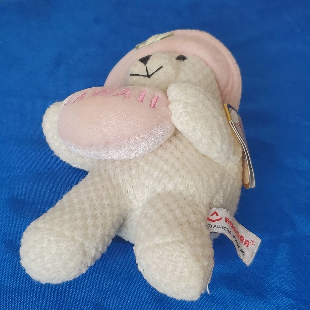A&A Aurora Sweet Heart Teddy Bear Hawaii 7" White Waffle Weave Pink Hat Plush - Picture 5 of 12